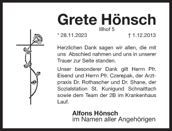 Traueranzeige von Grete Hönsch von Pegnitz-Zeitung